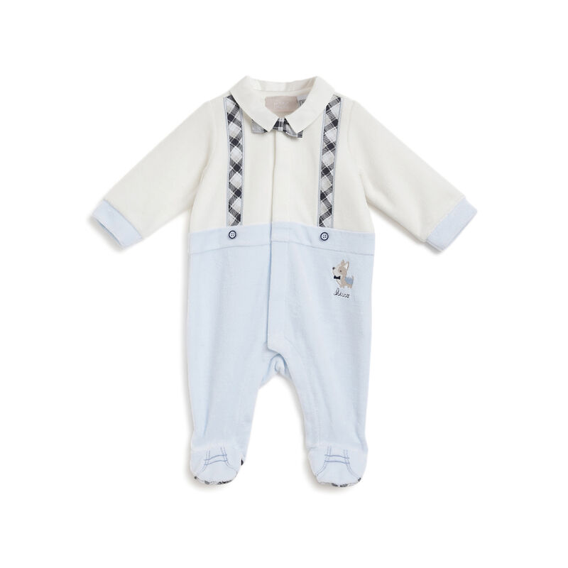 Boys White and Light Blue Applique Front Opening Babysuit image number 0